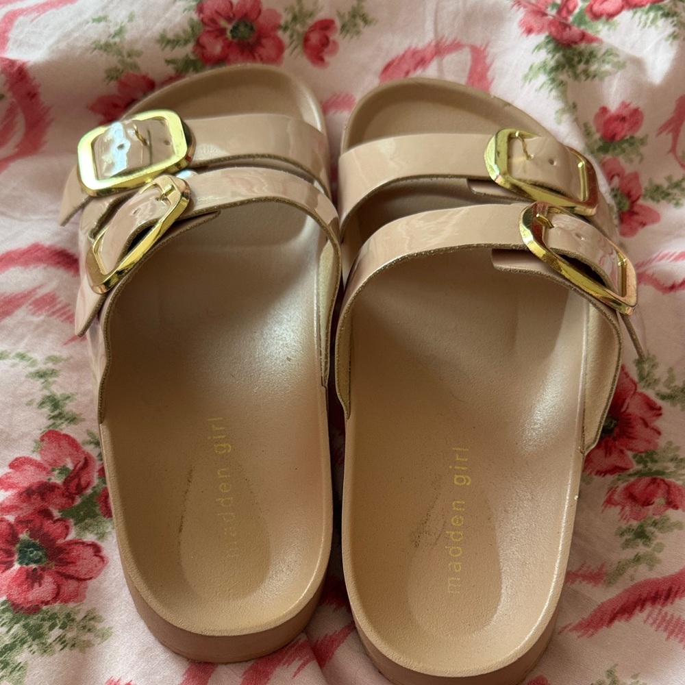 Madden Girl Beige Slide Sandals with Gold Buckles